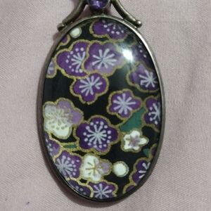 Vintage Reversible Floral Pendant in Purple and Black - Otherside Pink NO CHAIN